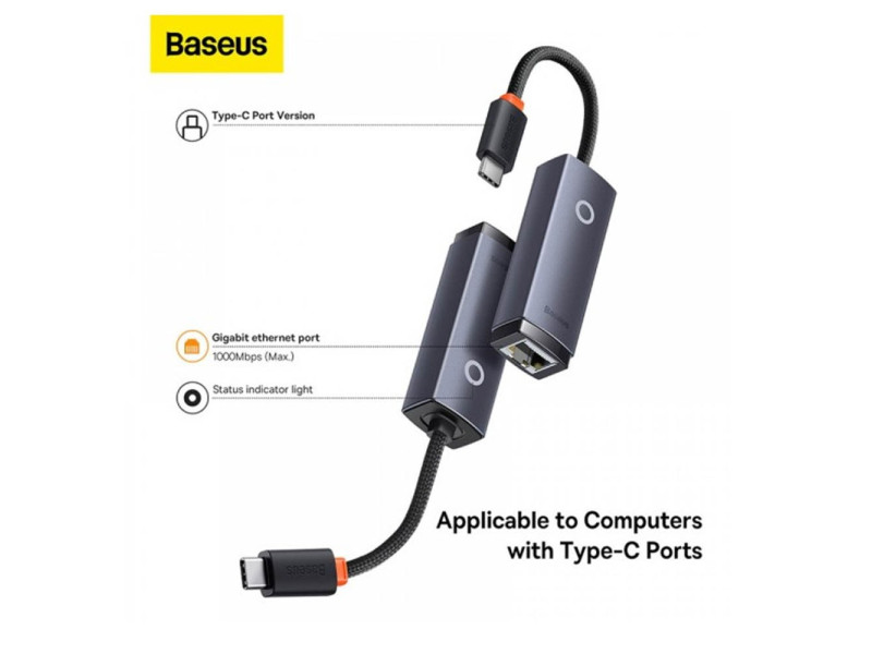 BASEUS LITE SERIES 1000MBPS ETHERNET ADAPTER USB-C / TYPE-C TO RJ45 LAN PORT (GREY)