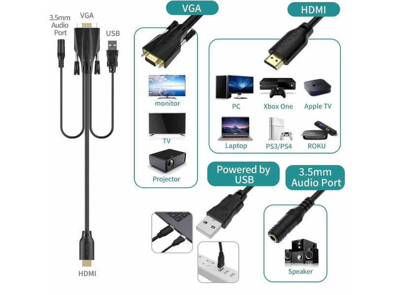 MT-VIKI HDMI to VGA Cable Adapter Converter with USB & 3.5mm Audio Male