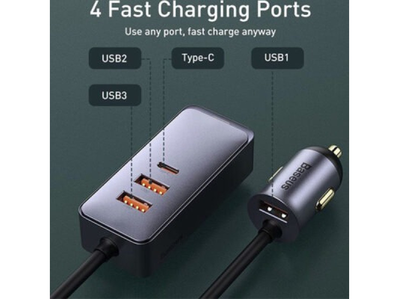 Baseus Share Together PPS Multi-port Fast Charging Car Charger With Extension Cord 120W 3U+1C