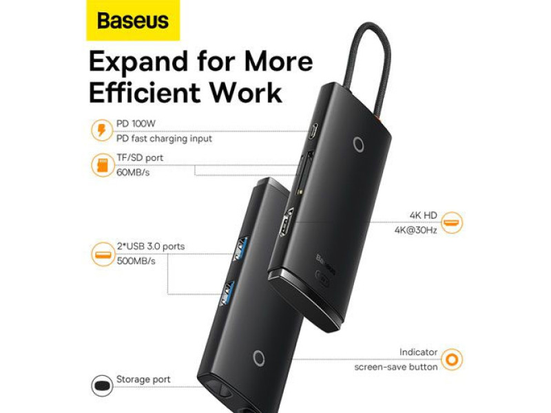 BASEUS LITE SERIES 6-IN-1 USB-C DOCKING STATION (WKQX050101)