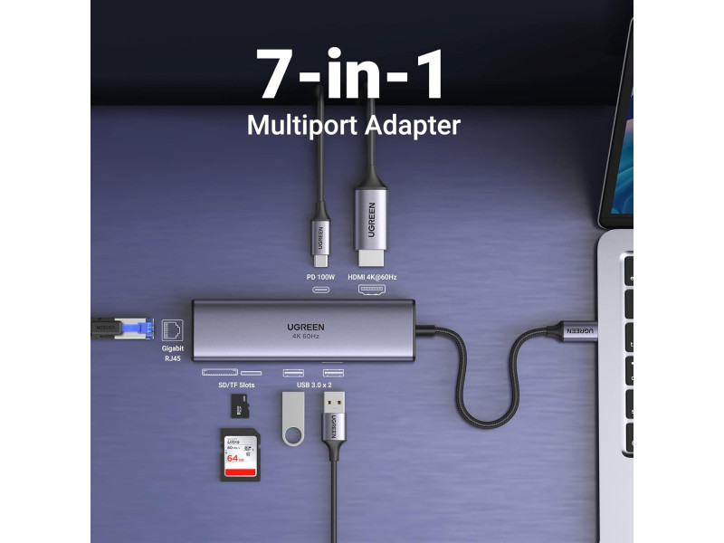 UGREEN CM512 USB C 7 IN 1 HUB WITH 4K 60HZ HDMI (60515)